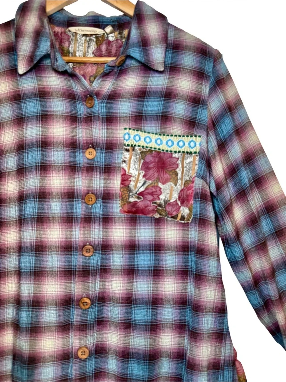 Soft Surroundings Velvet Burnout Floral Plaid Shirt Small